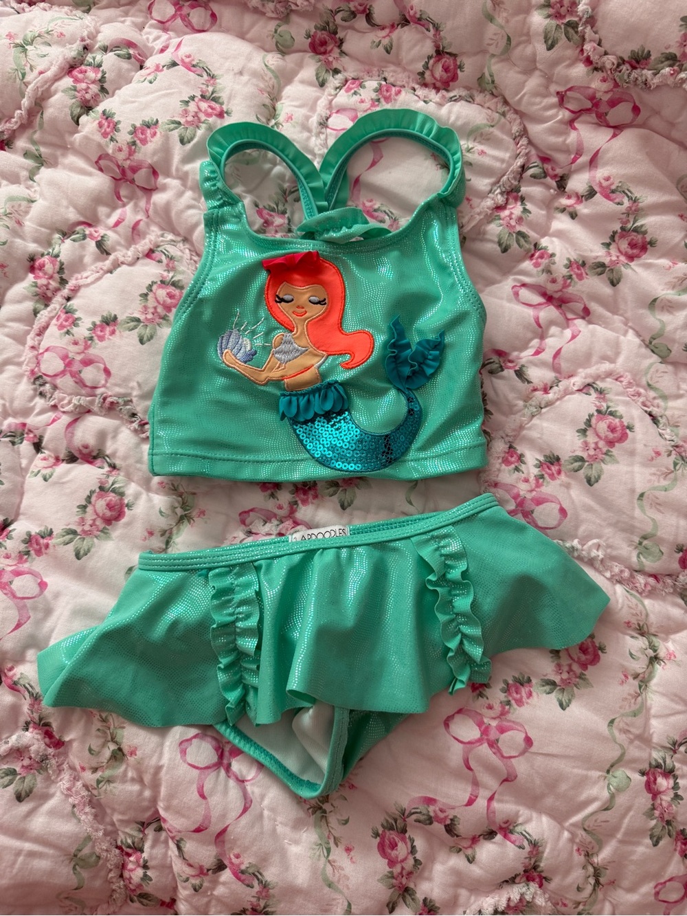 Flapdoodles Girls Teal Mermaid Two-Piece Swim Set with Red Accent